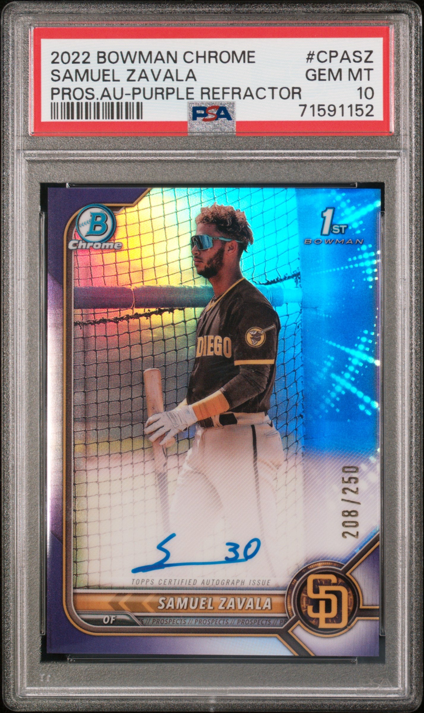 Samuel Zavala 2022 Bowman Chrome Purple Refractor Auto /250 PSA 10