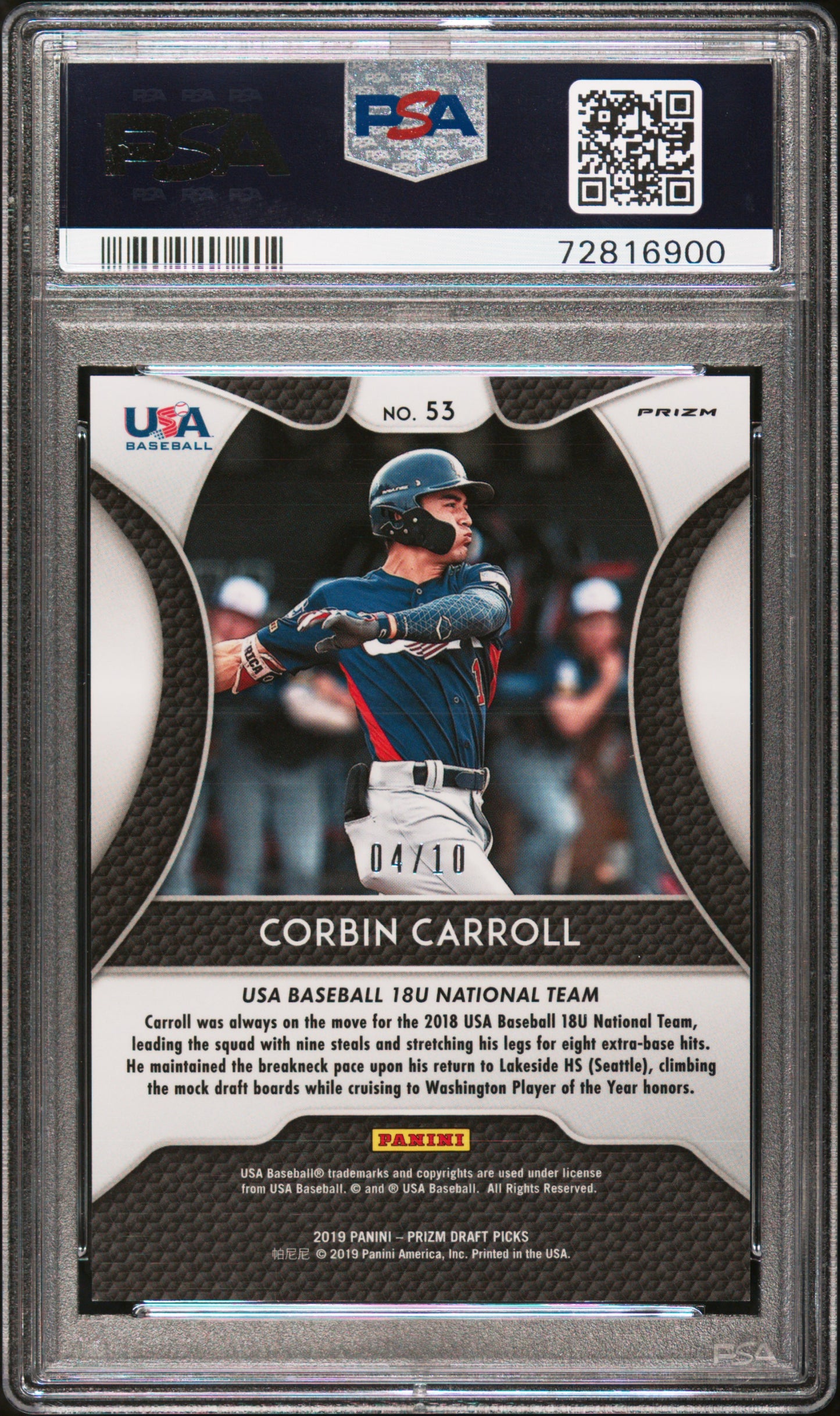 Corbin Carroll 2019 Prizm Draft Picks Gold Prizm /10 PSA 10