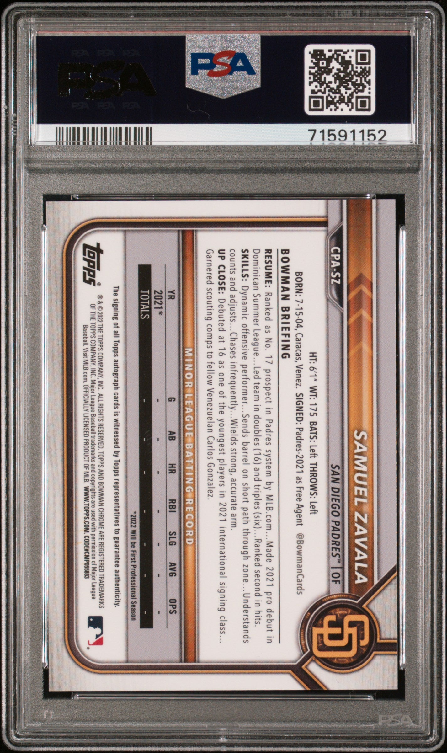 Samuel Zavala 2022 Bowman Chrome Purple Refractor Auto /250 PSA 10