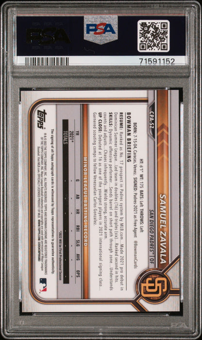 Samuel Zavala 2022 Bowman Chrome Purple Refractor Auto /250 PSA 10