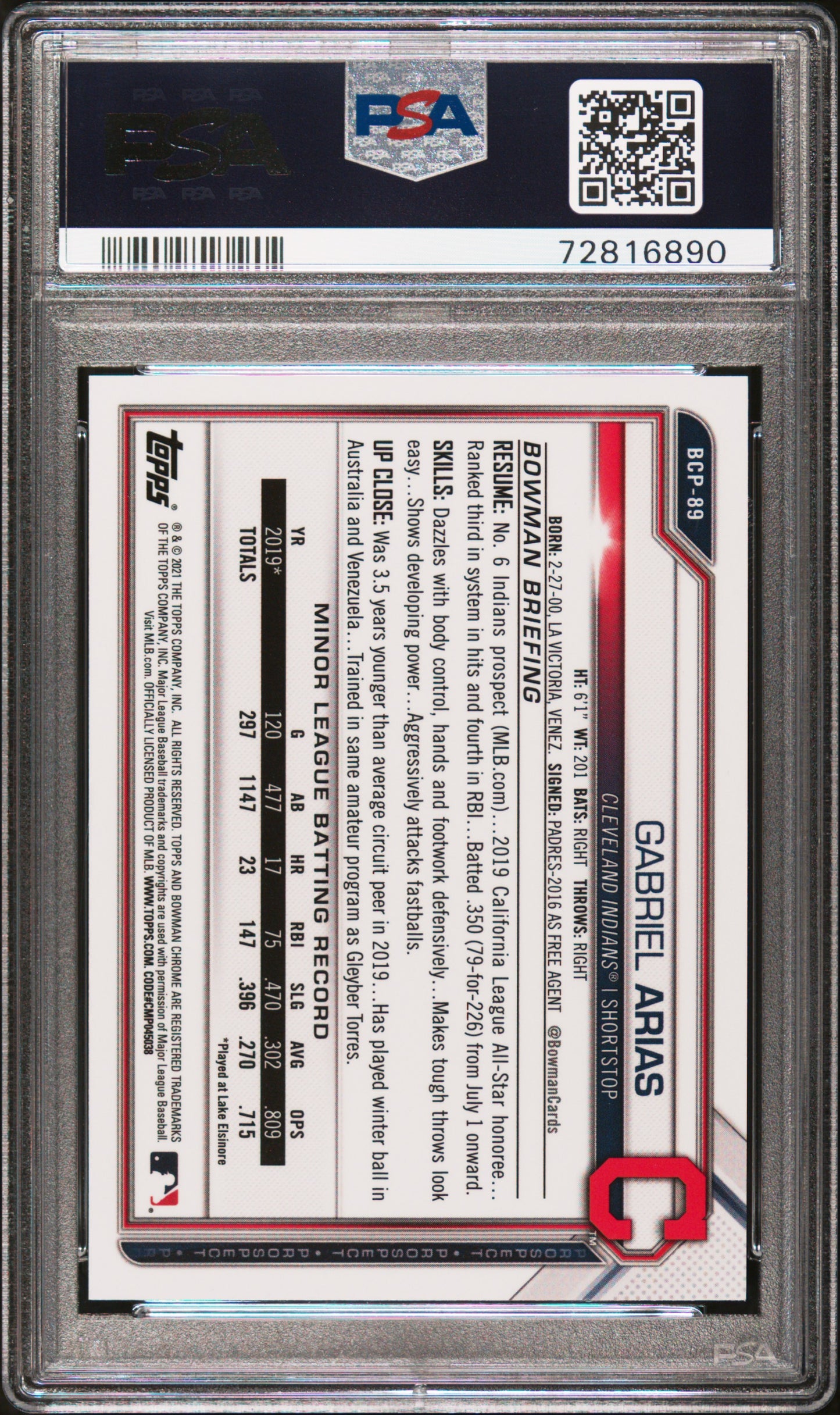 Gabriel Arias 2021 1st Bowman Sapphire Orange Sapphire Refractor /75 PSA 10