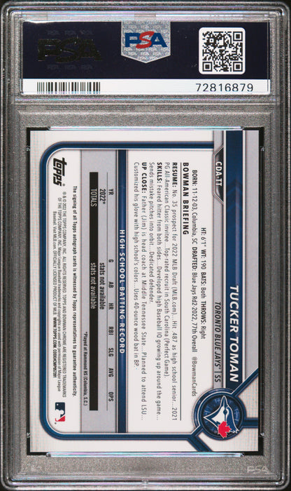 Tucker Toman 2022 Bowman 1st Draft Black & White Raywave Auto PSA 10